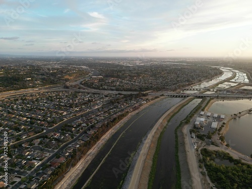 Fotografie Aerial view of Anaheim Hills, California, with the Santa Ana River visible nearb
