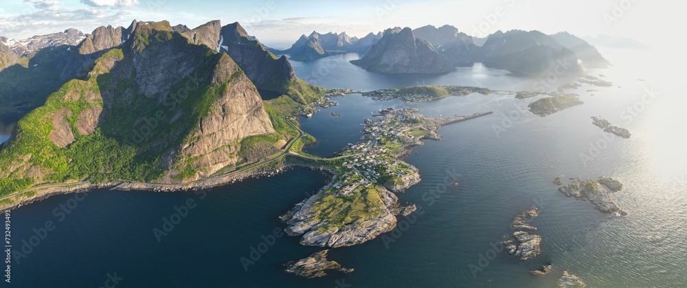 Aerial view of Lofoten Islands in Norway with a picturesque landscape of rolling hills