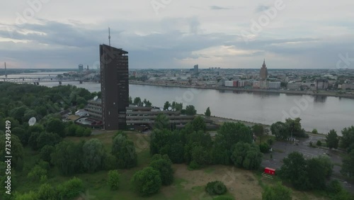 Aerial view of skyline of the television building by River Daugava in Riga, Latvia at sunset
