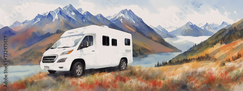 Mobile home on the road. Summer holiday in the mountains on a camper. Watercolor drawing, generative ai.