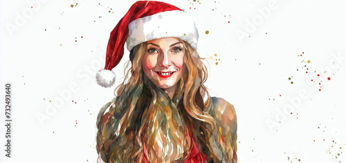 Christmas girl santa claus in a red cap. Watercolor drawing, generative ai.