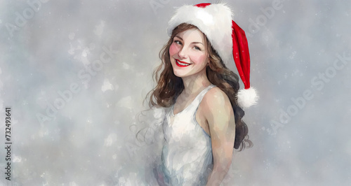 Christmas girl santa claus in a red cap. Watercolor drawing, generative ai.