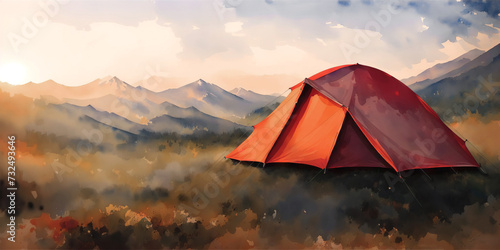 Tent against the backdrop of the mountains, camping in the wild. Watercolor drawing, generative ai.