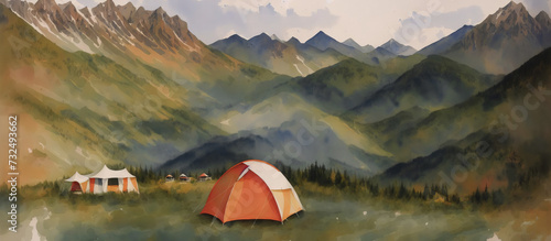 Tent against the backdrop of the mountains, camping in the wild. Watercolor drawing, generative ai.