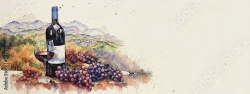A bottle of wine with a vineyard on the background of a plantation. Drawing, generative ai.