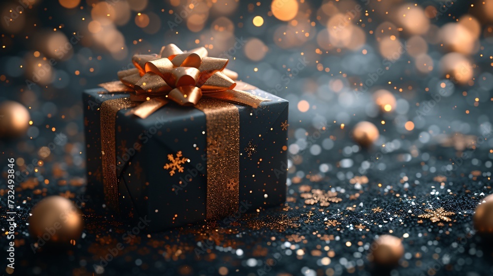 Golden Gift Box with Snowflakes and Christmas Lights Generative AI Golden Gift Box with Snowflakes and Christmas Lights Generative AI