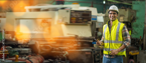 Canvastavla Portrait of industrial Indian worker man with helmet crossed arms holding wrench in industry factory