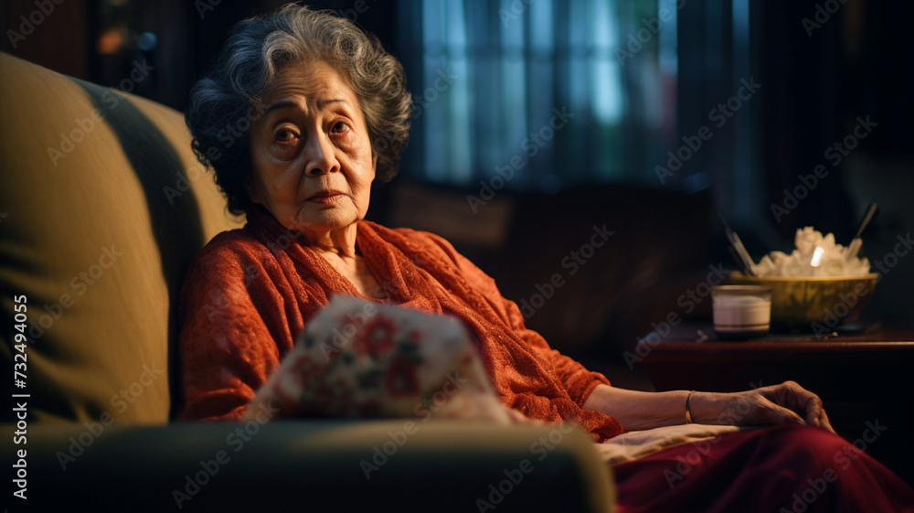 家でくつろいでいるアジア人高齢女性