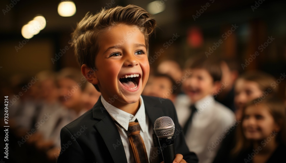 AI generated illustration of a young boy in a suit holding a microphone