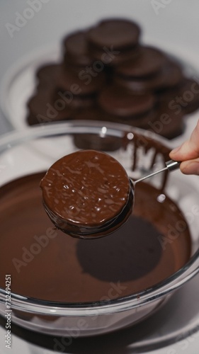 Process of dipping a cookie into a bowl of melted chocolate