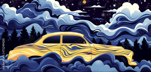 An illustration of a retro car in a surreal style against a background of clouds and stars