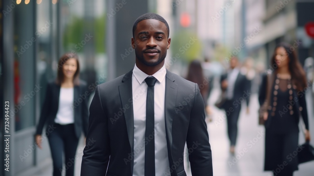 portrait of a handsome smiling white young black businessman boss in a black suit walking on a city street to his company office. blurry crowdy street background --ar 16:9 portrait of a handsome smiling white young black businessman boss in a black suit walking on a city street to his company office. blurry crowdy street background --ar 16:9
