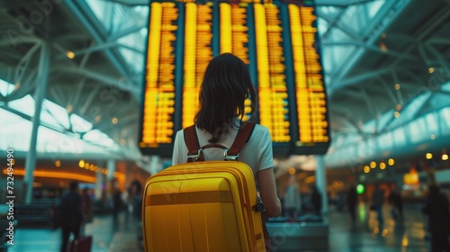 woman at an international airport check flight information board, checking travel time on board at airport, travel, payment, due, booking, online, check in