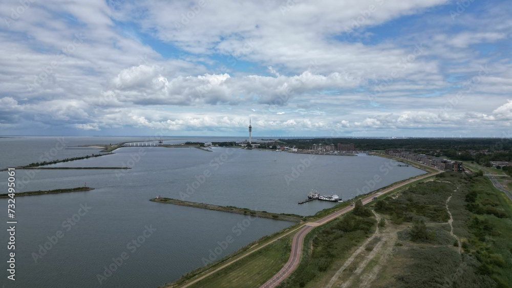 Aerial shot of the bustling port of Lelystad Haven in the Netherlands.