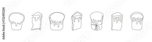 Set of Easter Kulich cakes with icing. Continuous one line drawing. Traditional Ukrainian Easter cupcakes. Vector illustration isolated on white. Design element for print, greeting, scrapbooking.