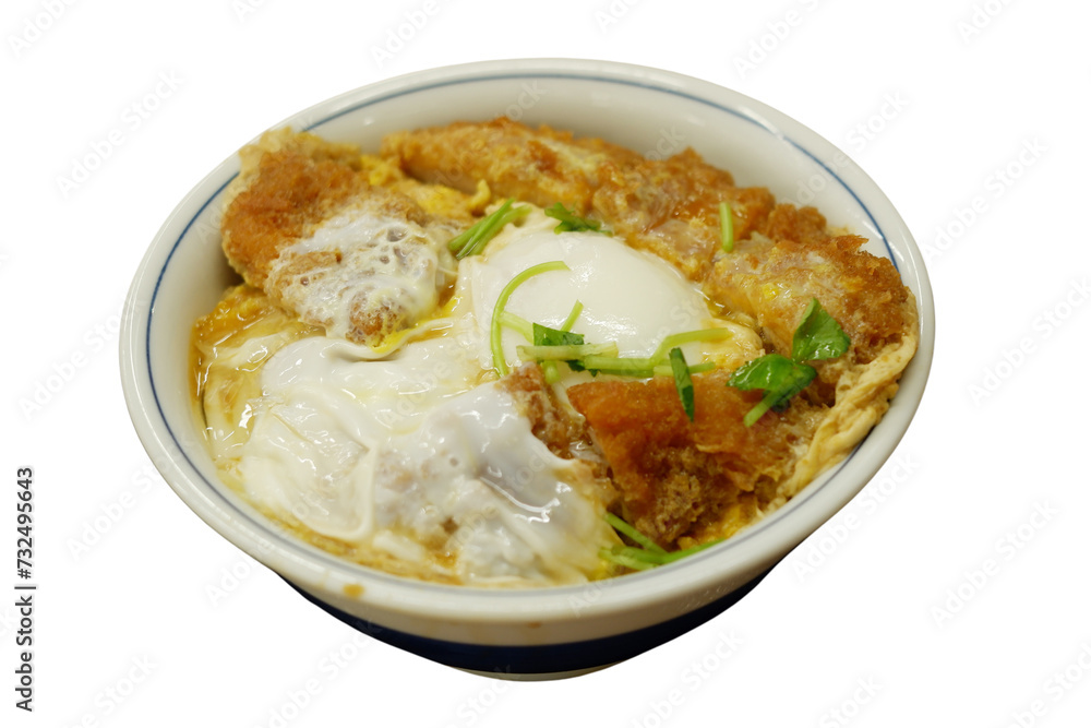 Donburi rice in a bowl with curry and eggs and chicken.