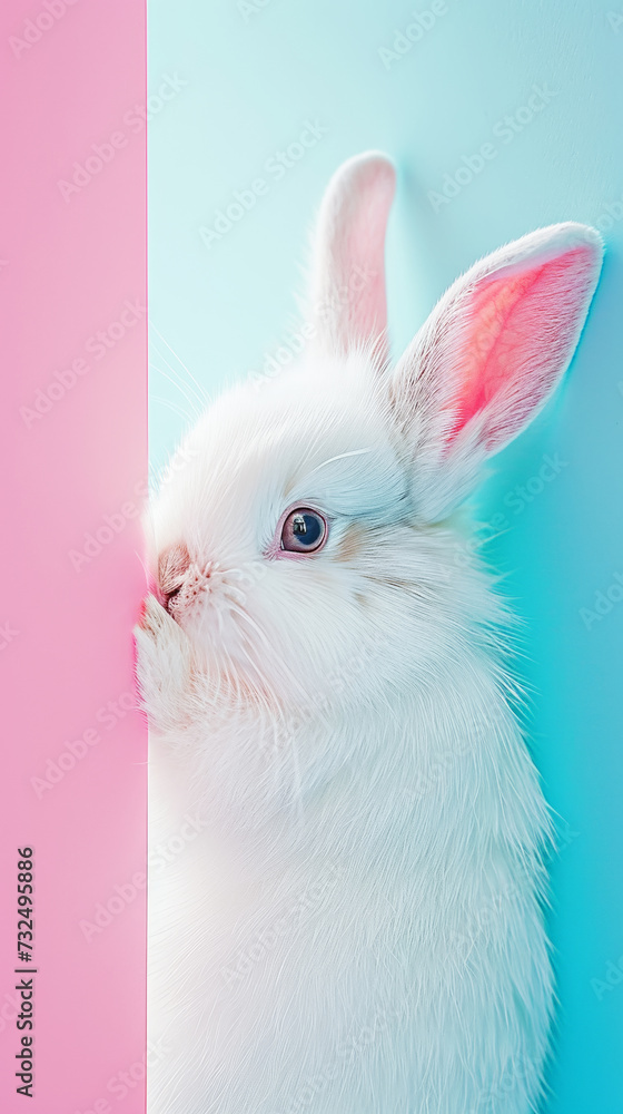 Obraz premium White fluffy bunny peeking from edge. Pastel pink and blue background. Copy space. Greeting card concept. Generative AI