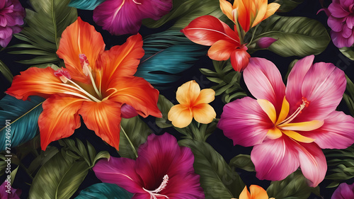 Photo original floral design with exotic flowers and tropic leaves colorful flowers on dark background