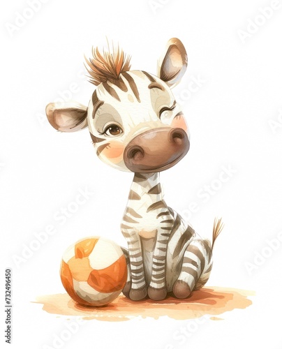 Watercolor illustration of a cute baby zebra playing with ball on white background.