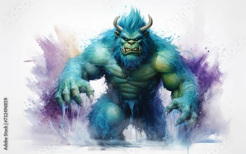 a large blue monster with large horns and big teeth standing