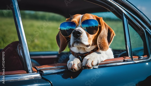 cute beagle dog in sunglasses sitting in the car, © Putri182