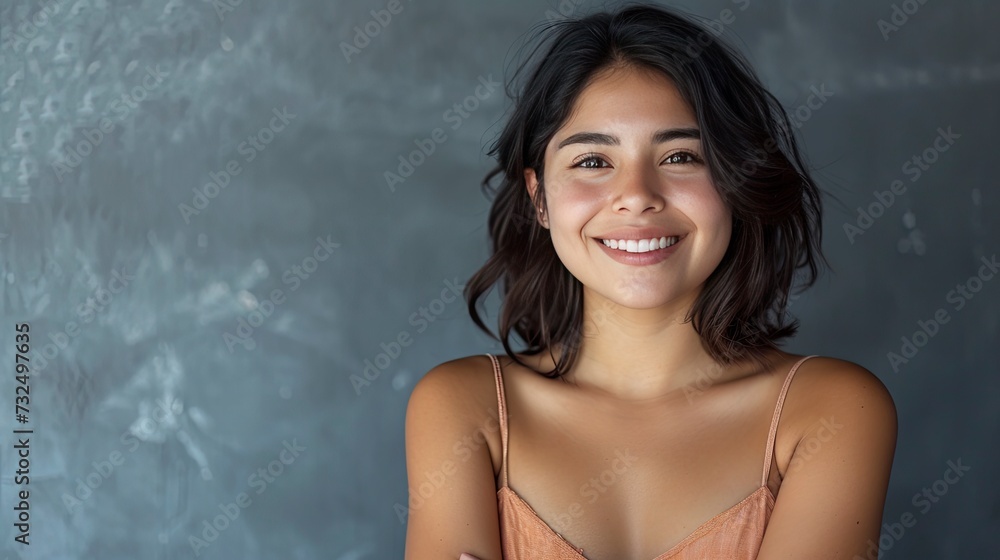 Portrait of a young latin woman with pleasant smile and crossed arms isolated on grey wall with copy space. Beautiful girl with folded arms looking at camera against grey wall - generative ai Portrait of a young latin woman with pleasant smile and crossed arms isolated on grey wall with copy space. Beautiful girl with folded arms looking at camera against grey wall - generative ai