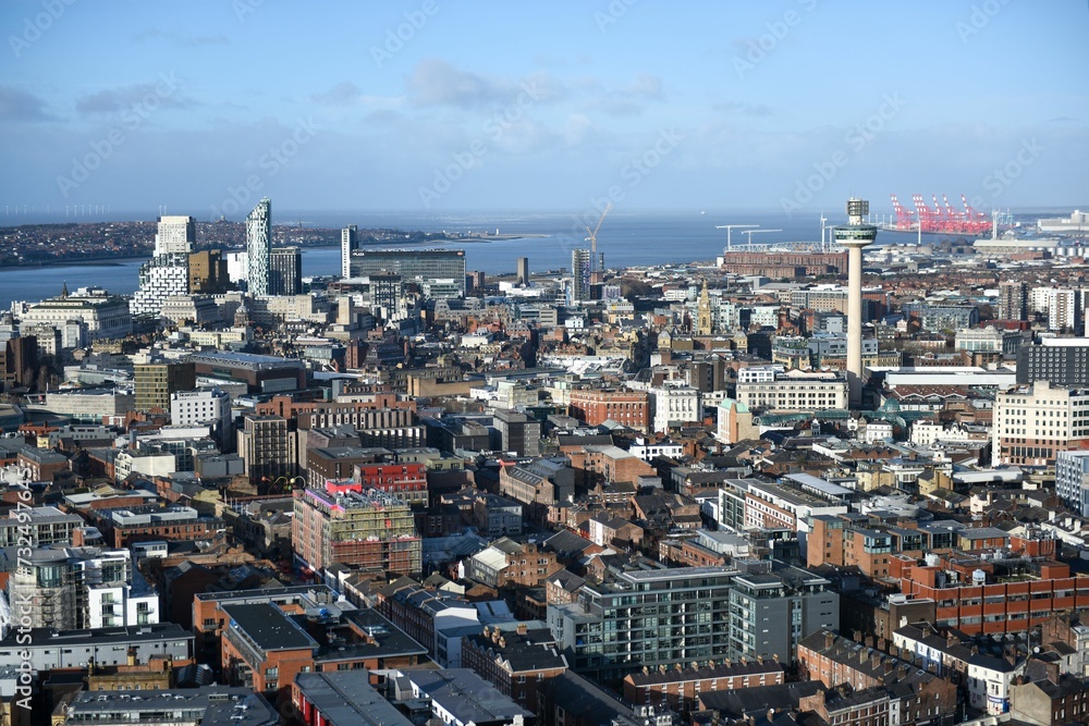 Fototapeta premium Aerial view of stunning Liverpool under the blue sky in UK