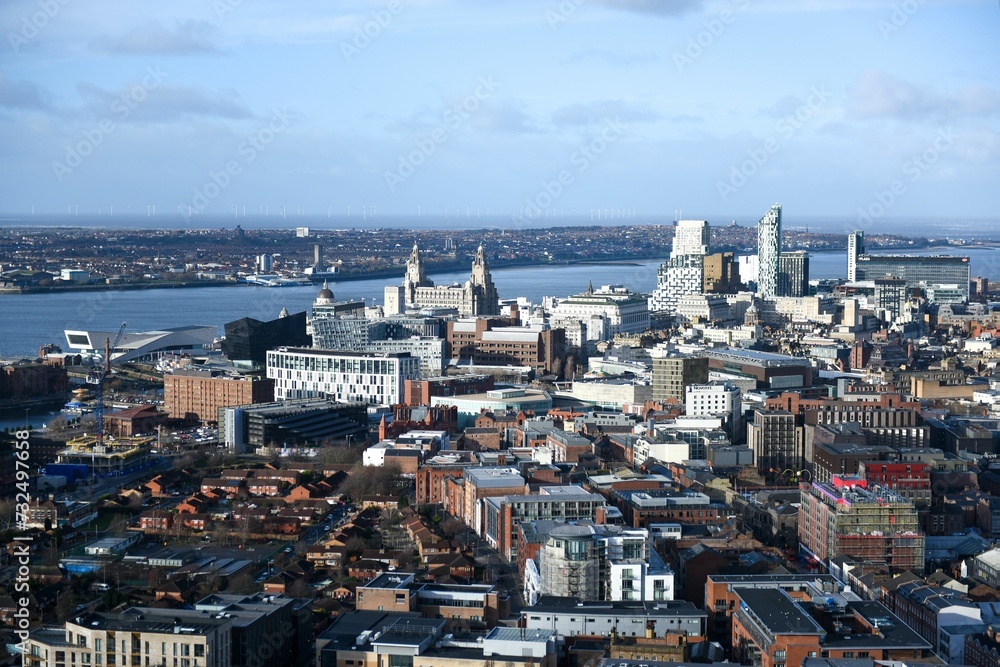 Aerial view of stunning Liverpool under the blue sky in UK