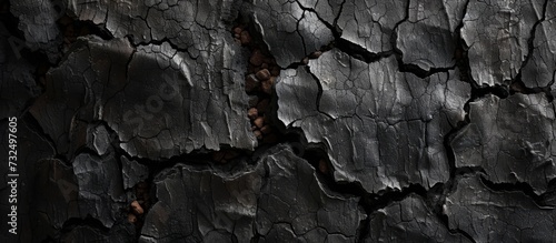 A detailed view of a dark grey charcoal piece, resembling patterns found in monochrome landscapes and resembling bedrock or wood formations in a monochrome photography style. photo