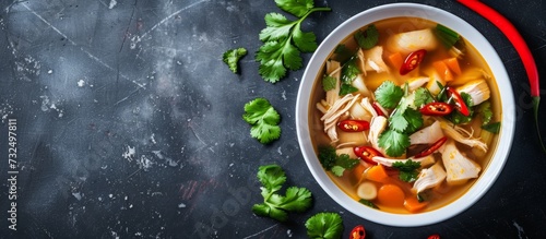 A comforting dish of chicken and vegetable soup, made with fresh ingredients and cooked to perfection, is a delicious comfort food for any cuisine.