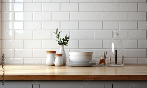 Kitchen interior with white walls and pots. Created with Ai