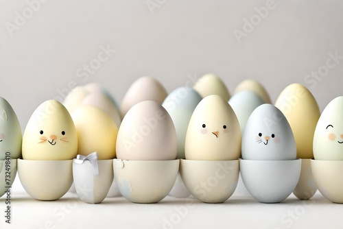 A row of Easter egg characters in soft pastel yellow hues on a clean white background with a hint of silver