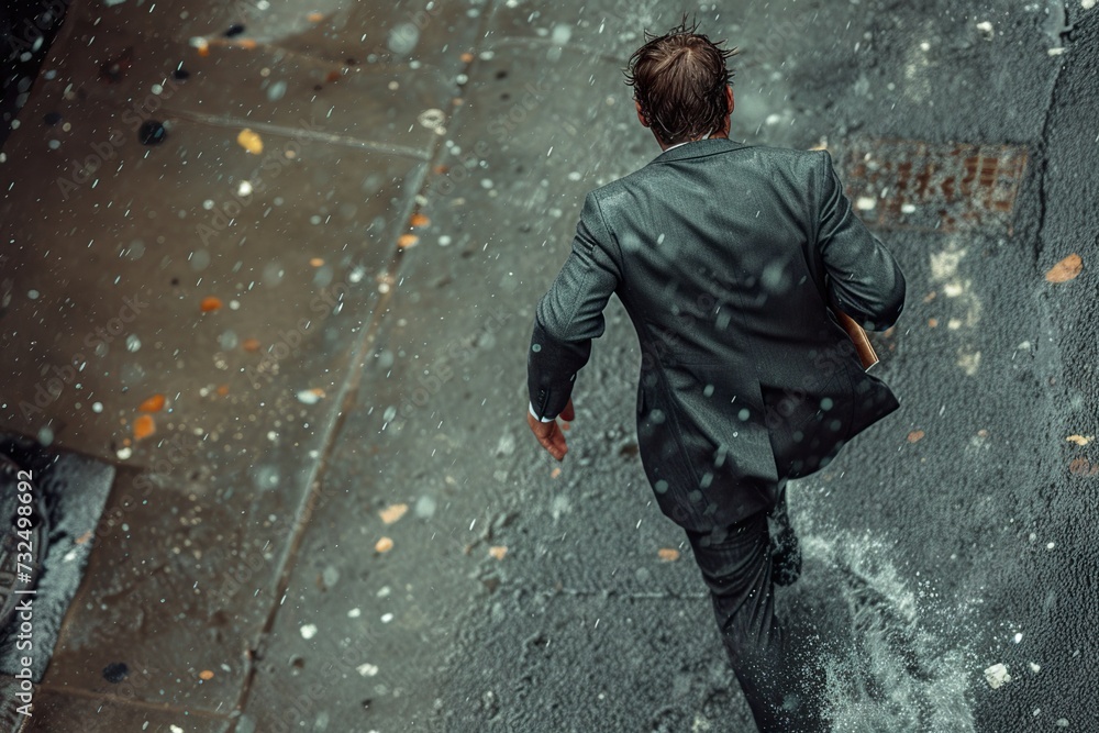 Businessman running in the rain, holding a file in one hand on a city street