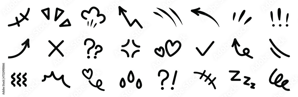 Line movement effect element icon set. Hand drawn cute doodle, cartoon emotion effect decoration symbol, line element. Vector illustration - obrazy, fototapety, plakaty 