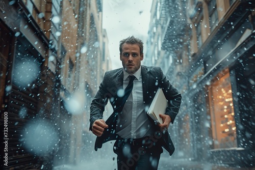 Businessman running in the rain, holding a file in one hand on a city street