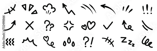 Line movement effect element icon set. Hand drawn cute doodle, cartoon emotion effect decoration symbol, line element. Vector illustration photo