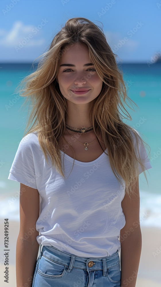 Caucasian woman on background of sandy beach of the sea. Caucasian woman on background of sandy beach of the sea.