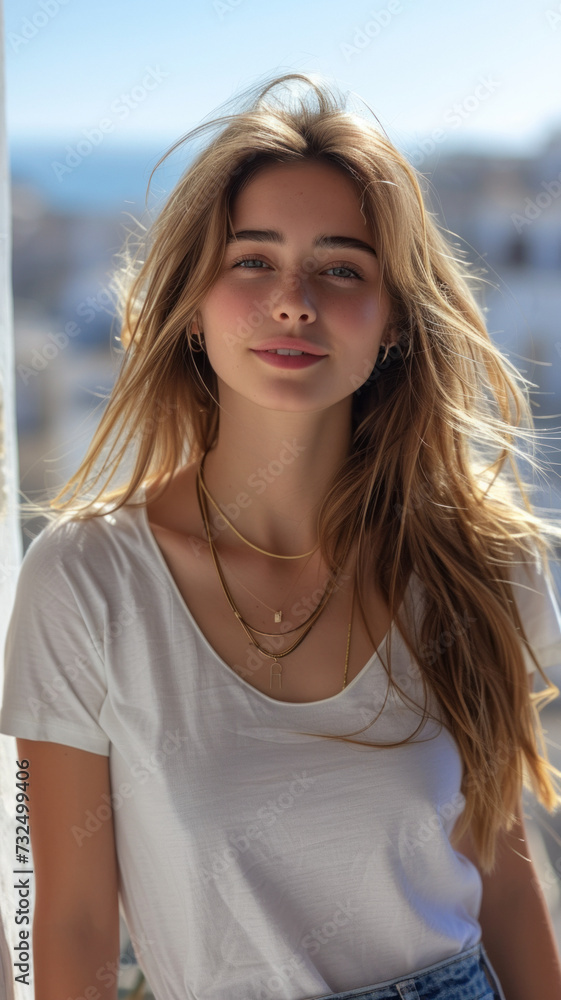 Caucasian woman on background of summer urban modern city. Caucasian woman on background of summer urban modern city.