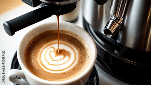 A close-up of a coffee machine making fresh latte coffee in a coffee shop, a drawing in the form of a heart made of foam