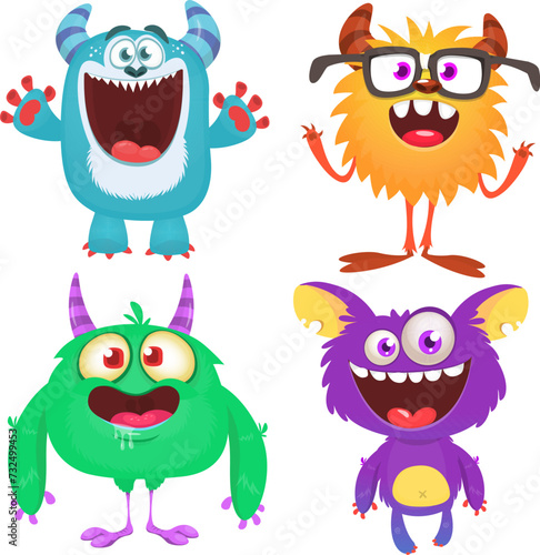 Funny cartoon monsters with different face expressions. Set of cartoon vector happy monsters characters. Halloween design for party decoration,  package design (ID: 732499453)