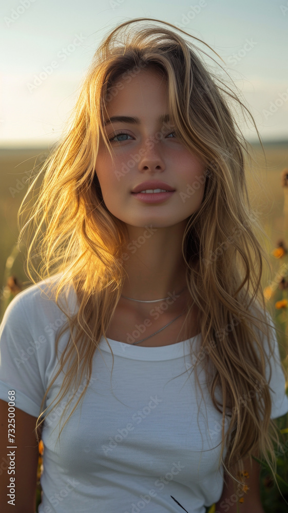 Caucasian woman on background summer field. Caucasian woman on background summer field.