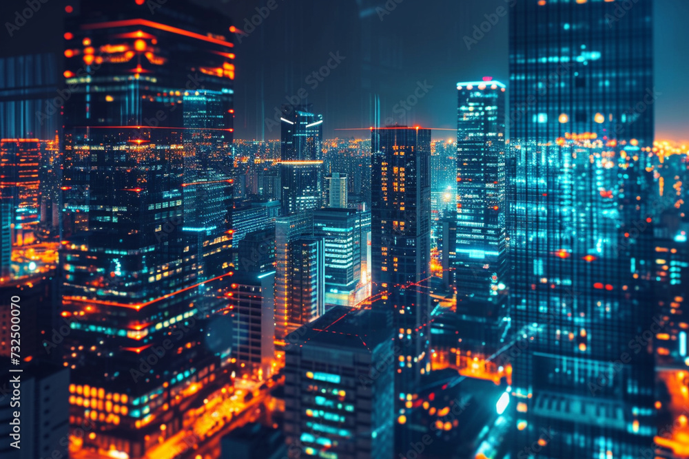 Bathed in the glow of city lights, the dynamic cityscape at night pulsates with vibrancy, its illuminated office buildings adding to the bustling atmosphere of urban life