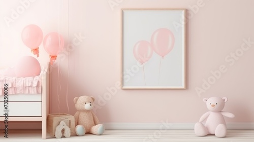 Minimalistic interior of a Scandinavian-style children's girly room in light pastel colors. Stuffed toys, a painting, a bed near the light pink wall of the house. © liliyabatyrova