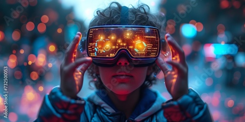 A boy in virtual reality with VR glasses immersed in a digital world with neon lights. Concept: modern technologies and interactive training, banner with copy space © Marynkka_muis
