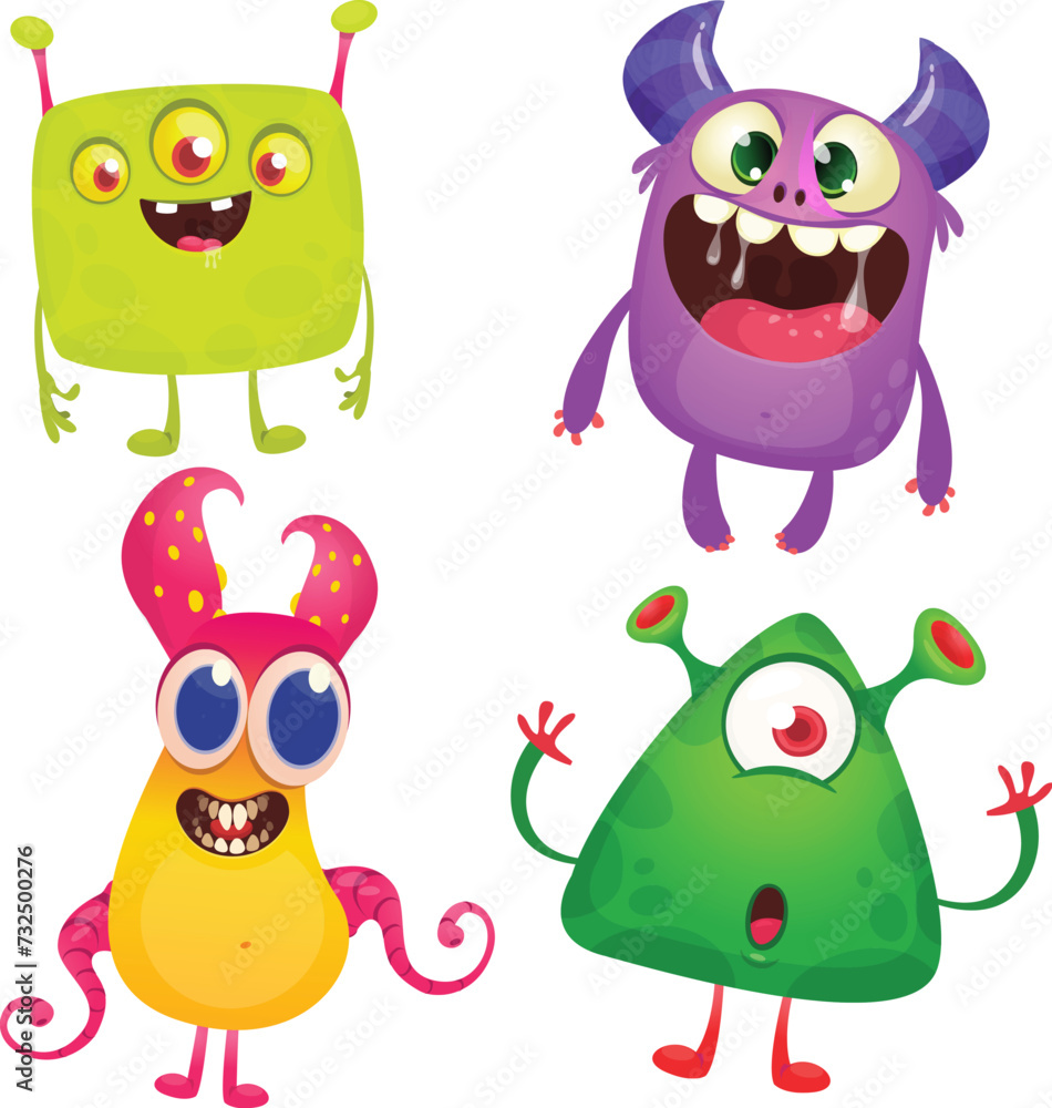 Naklejka premium Funny cartoon monsters with different face expressions. Set of cartoon vector happy monsters characters. Halloween design for party decoration, package design