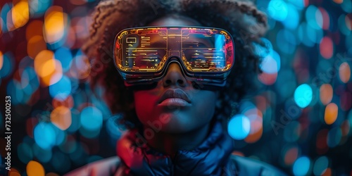  A young man wearing a VR headset, surrounded by space visuals and virtual galaxies, Concept: the impact of virtual reality on the study of science and space. banner © Marynkka_muis