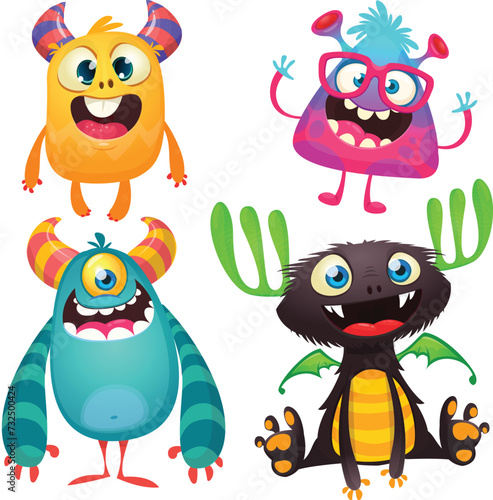 Cute cartoon Monsters. Set of cartoon monsters: goblin, ghost, troll, monster, yeti and alien . Halloween design. Vector illustration isolated (ID: 732500424)
