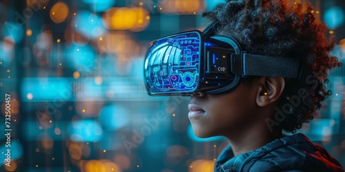 A boy in virtual reality with VR glasses immersed in a digital world with neon lights. Concept: modern technologies and interactive training, banner with copy space © PRO Neuro architect