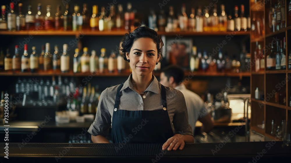 Proud female bartender at her workplace. A young dark-haired Latin American woman standing in front of bar, confident entrepreneur, business owner. Bokeh effect. 