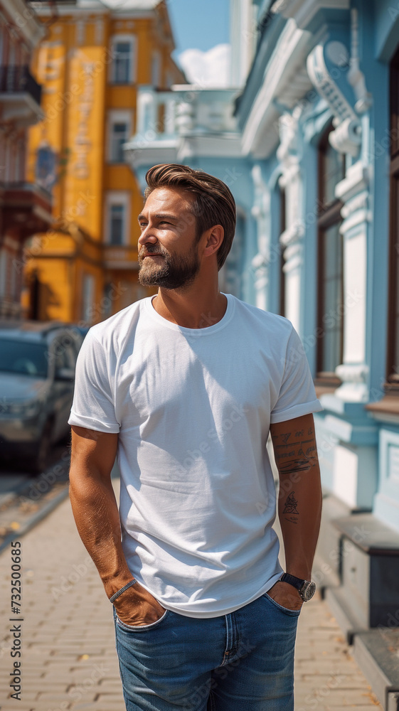 Caucasian man walking down the street of summer urban modern city Caucasian man walking down the street of summer urban modern city